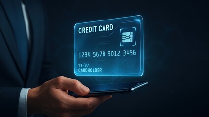 A businessperson holding smartphone with interactive virtual credit card, emphasizing digital finance and security, bank safety and protection