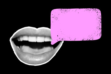 Collage combines cut-out female lips showcasing a halftone effect, accompanied by a grunge-textured speech bubble. The black background enhances the vibrant elements, creating an eye-catching visual.