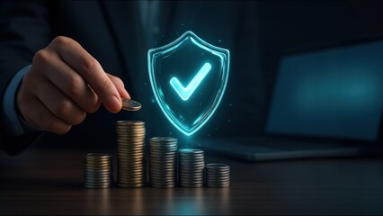 Hand adds coin to a stack with a glowing digital shield above, surrounded by soft light particles, symbolizing trust and security in digital finance, bank safety and protection