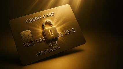 A golden credit card with a glowing lock symbol set against a gradient of gold tones, evoking luxury and cybersecurity, bank safety and protection