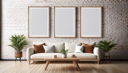 mock up of a living room with light brick wall 3 vertical frames on the wall