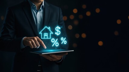 A professional holds a tablet with floating icons of house with dollar sign and percentage in a sleek, bank safety and protection