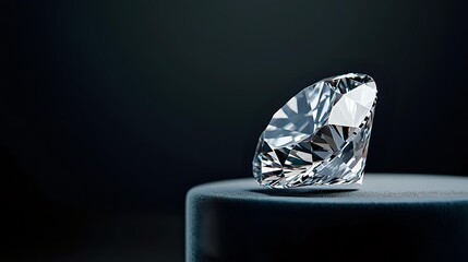 Brilliant cut diamond on dark surface with dramatic lighting showcases luxury gemstone's clarity, sparkle and facets against minimalist background.