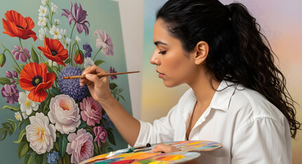 Fototapeta premium Young woman artist painting a beautiful floral bouquet on canvas with oil paints.