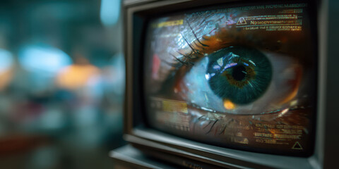 Close up of blue eye on old television screen with digital warning labels and futuristic interface glowing in dark room