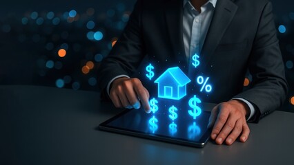 A professional using a tablet with floating icons of bank safety and protection