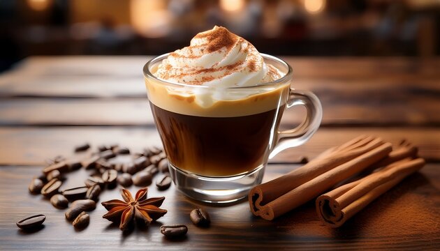 aromatic espresso topped with whipped cream and cinnamon a clear glass cup filled with rich espresso sits on a wooden table accompanied by cinnamon sticks coffee beans and star anise