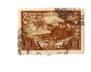 A vintage postage stamp from Russia isolated on a white background.