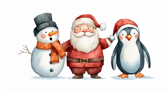 Adorables personajes , Pap&aacute; Noel, un pinguino y mu&ntilde;erco de nieve navide&ntilde;os de acuarela , bailando y cnatando sobre fondo blanco. Conepto celebraciones navide&ntilde;as
