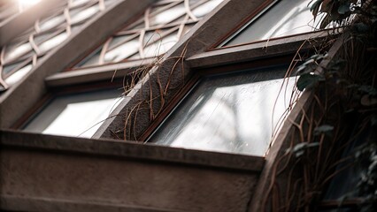 Fototapeta premium Antique window with climbing ivy adds character to this aging structure with muted colors and detailed stonework.