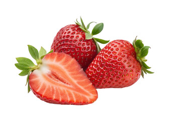 Red ripe strawberries with green leaves and one cut in half strawberry fruit