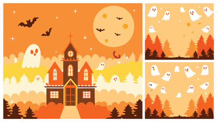 Illustration of a haunted house with ghosts bats and a full moon in an orange halloween scene
