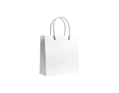Blank white paper shopping bag with twisted rope handles standing upright.
