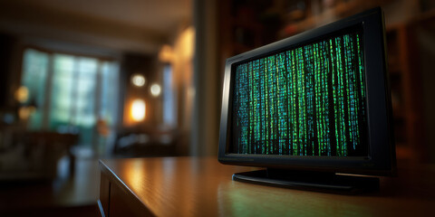 CRT monitor displaying green digital code in dimly lit room with blurred background creating mysterious atmosphere