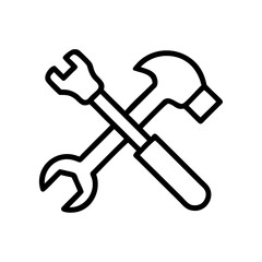 Crossed construction tools including wrench and hammer, minimalistic black line drawing