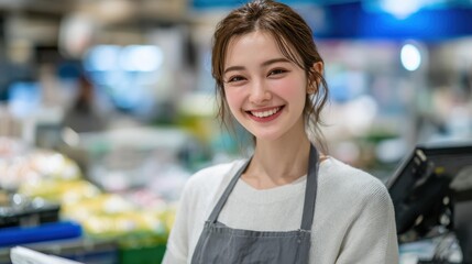 スーパーマーケットで優しく微笑む美しいアジア人女性店員