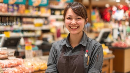 スーパーマーケットのレジで微笑む女性店員