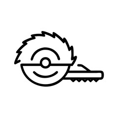 Circular saw with wood shavings for carpentry and woodworking, minimalistic black line drawing