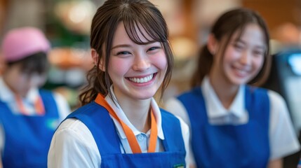 スーパーマーケットで働く笑顔の女性店員たち