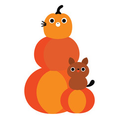 Charming illustration of three stacked pumpkins adorned with tiny adorable animals like squirrels perfect for autumn and halloween themes