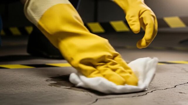 Worker Cleaning Up a Wet Concrete Floor with Protective Gloves