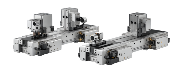 Transparent-Background Realistic Isolated Two 3D CNC robotic tool chang commercial stock asset, PNG cutout, ideal for presentations and web banners, professional graphics