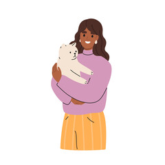 Smiling girl holding cute cat in hands. Happy woman and adorable kitty. Female owner caring about lovely home pet. Human and feline animals friendship. Flat illustration isolated on white background