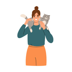 Cute happy cat lying on owners shoulder. Smiling woman holding cute adorable kitty. Owner and feline pet friendly relationship. Flat graphic illustration isolated on white background