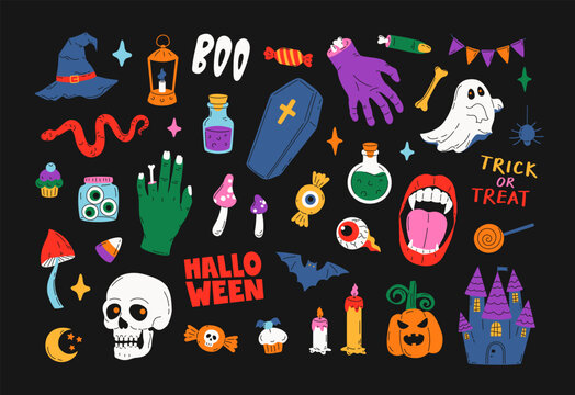 Colorful set of Halloween elements. Cartoon pumpkin, skull, coffin, bat, bone, vampire and etc. Hand drawn flat illustration. Trendy vintage items for card, scrapbooking, stickers, print, invitation - Powered by Adobe