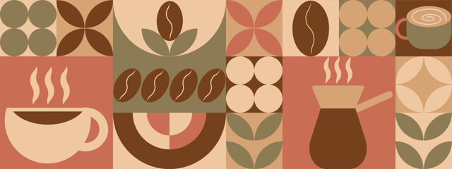 Geometric coffee pattern in minimalist style. Abstract print background with simple shapes for coffee shop, food packaging, cafe wall, menu.