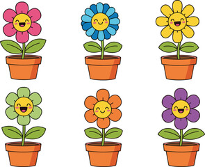 Cartoon Flowers in Pots with Smiling Faces, Colorful Petals, Cute Expressions, Nature-Themed Children’s Vector Illustration, Happy Plant Characters