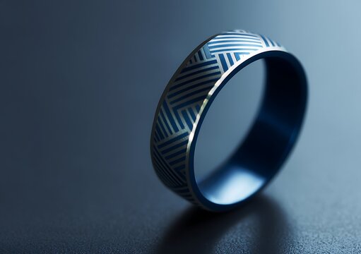 Geometric navy ring pattern emits soft glowing stripe edges.