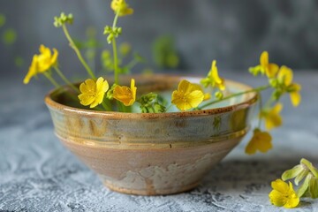 Vibrant yellow flowers bring a touch of nature to a rustic, handcrafted ceramic bowl, creating a serene still life