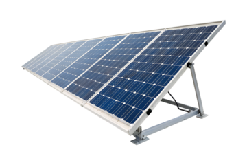 Blue photovoltaic panels mounted on metal frame solar grid