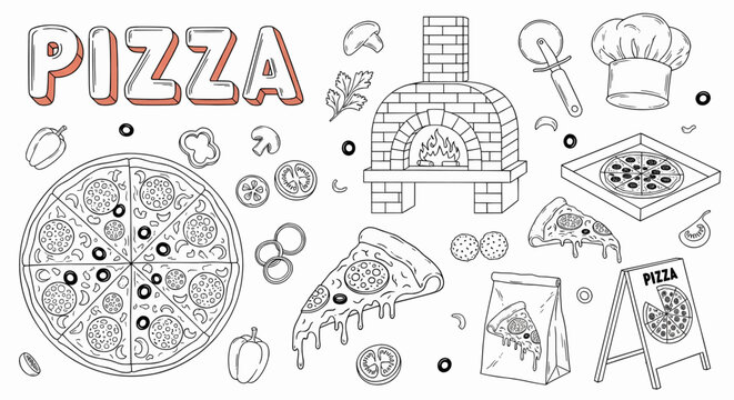Doodle art featuring pizza pizza preparation icons with oven, pizza, and pizza slice in sketch style.