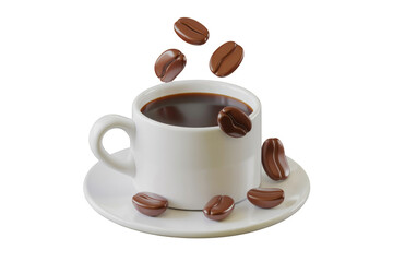 Obraz premium Coffee cup with floating coffee beans isolated on white background perfect for cafe menu design