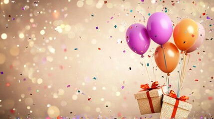 Colorful gift boxes with helium balloons and sparkling confetti on soft bokeh background for birthday celebration, party invitation, or festive event decor




