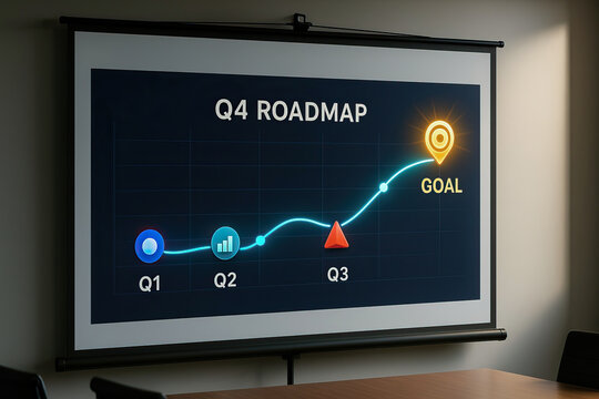 Q4 roadmap presentation with quarterly progress icons and glowing goal marker on projection screen in dimly lit meeting room