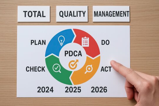 PDCA quality management process with hand pointing to plan do check act cycle chart for business improvement strategy performance development and organizational workflow from 2024 to 2026