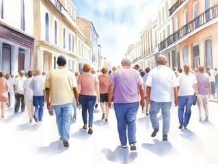 Obraz premium Vibrant watercolor depiction of a lively street parade in New Orleans featuring soft gradients blending into a harmonious color palette intricate details and a dreamy