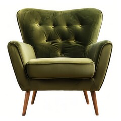 Naklejka premium retro upholstered armchair isolated on white background, green color, wooden legs, vintage style furniture, studio lighting, cozy look