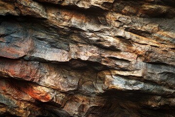 Textured rock formation with layers and colors displayed in natural light