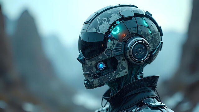 A profile of a futuristic military robot soldier with a camouflage helmet and glowing blue optics, set against a desolate, blurred landscape. - Powered by Adobe