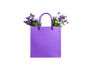 Purple paper gift bag with rope handles filled with fresh lavender and white flowers.