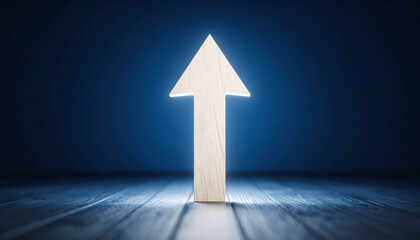 Glowing white arrow rise up on dark blue background. Investment, business growth.