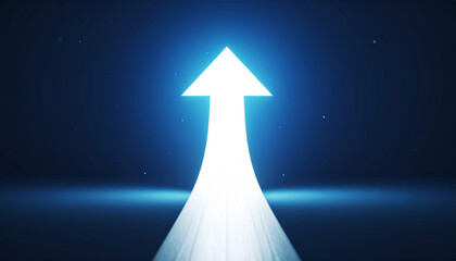 Glowing white arrow rise up on dark blue background. Investment, business growth.