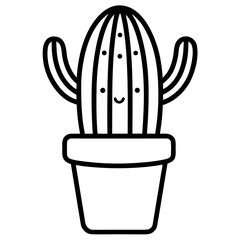 Fototapeta premium Cute Cartoon Cactus in Pot Simple Black Line Drawing Happy Plant Illustration vector
