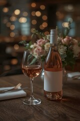 Rosé wine glass and wine bottle with blank label on romantic restaurant table.