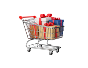 Shiny chrome shopping cart with a red handle filled with assorted wrapped gift boxes and bright red bows.