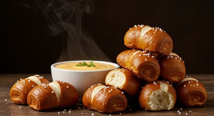 Appetizing Soft Pretzel Bites with Steaming Cheese Dip for Irresistible Deliciousness Experience